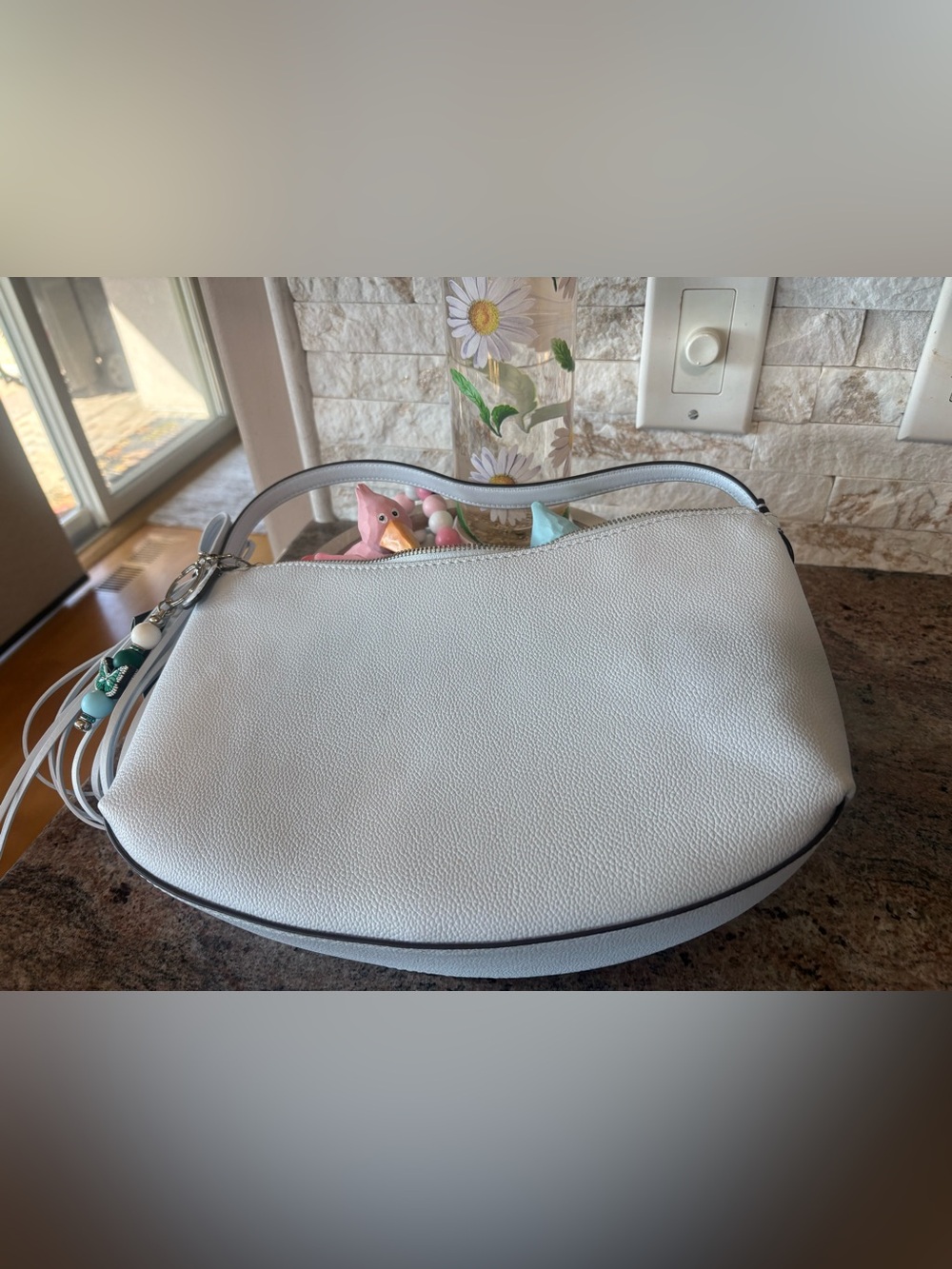 kate spade White Pebbled Crescent Shoulder Bag with Beaded Charm